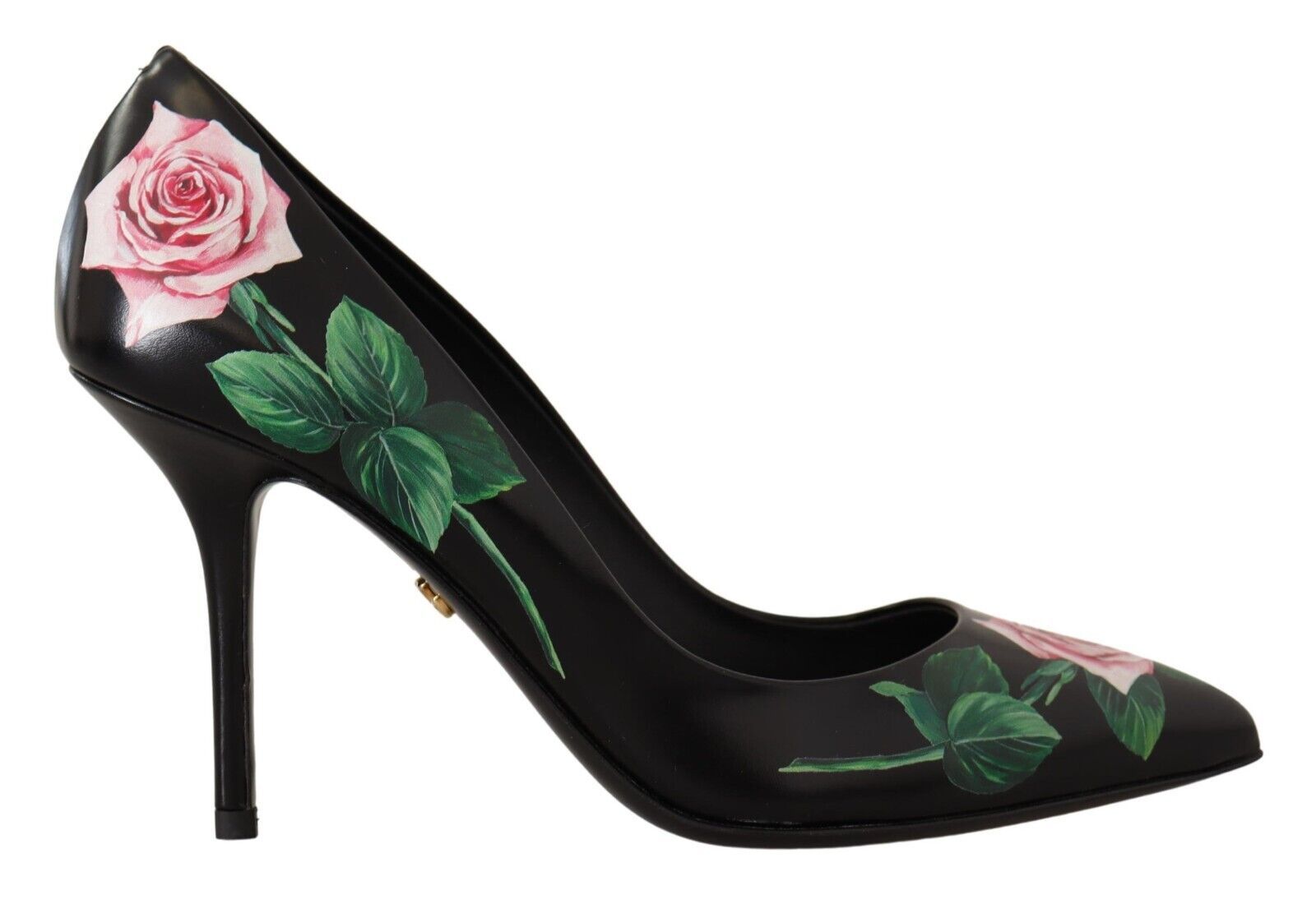 Dolce &amp; Gabbana Black Leather Roses High Heels Pumps Shoes