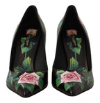 Dolce &amp; Gabbana Black Leather Roses High Heels Pumps Shoes
