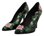 Dolce &amp; Gabbana Black Leather Roses High Heels Pumps Shoes