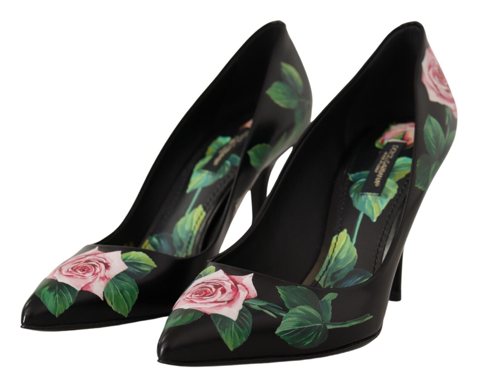 Dolce &amp; Gabbana Black Leather Roses High Heels Pumps Shoes