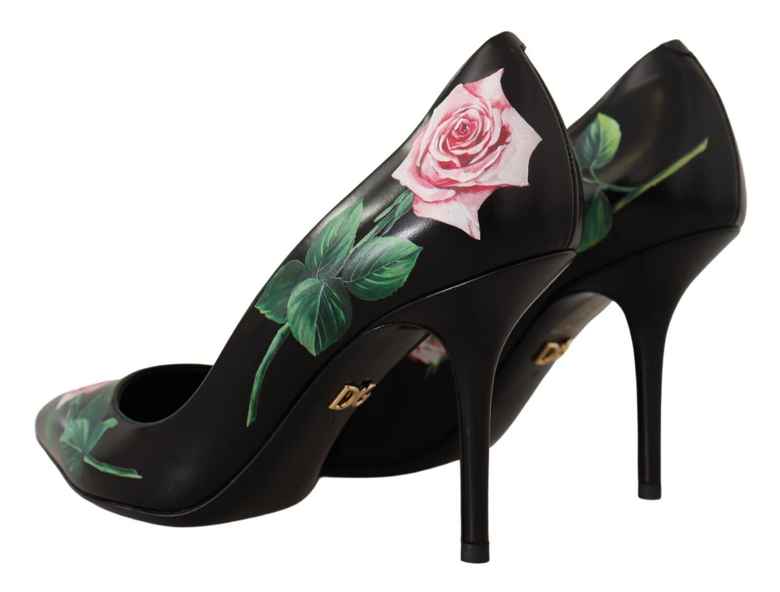 Dolce &amp; Gabbana Black Leather Roses High Heels Pumps Shoes