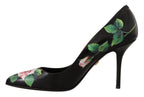 Dolce &amp; Gabbana Black Leather Roses High Heels Pumps Shoes