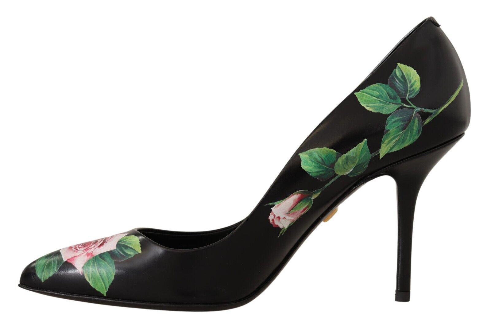 Dolce &amp; Gabbana Black Leather Roses High Heels Pumps Shoes