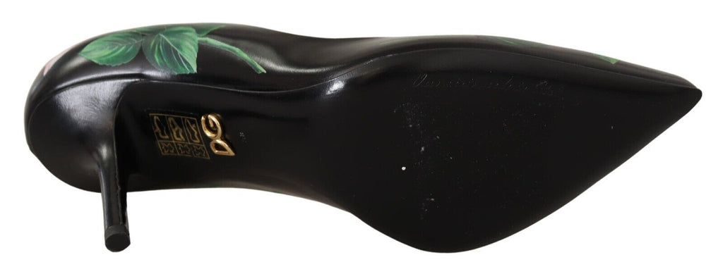 Dolce &amp; Gabbana Black Leather Roses High Heels Pumps Shoes