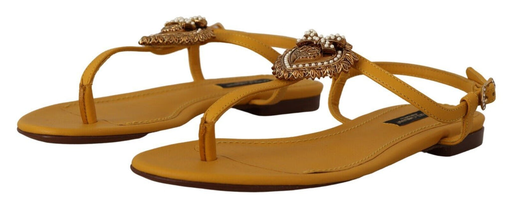 Dolce &amp; Gabbana Mustard Leather Devotion Flats Sandals Shoes