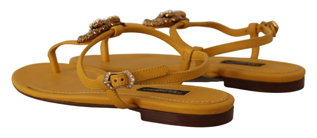 Dolce &amp; Gabbana Mustard Leather Devotion Flats Sandals Shoes