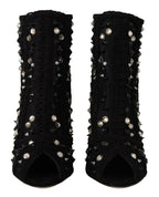 Dolce &amp; Gabbana Black Crystals Heels Zipper Short Boots Shoes
