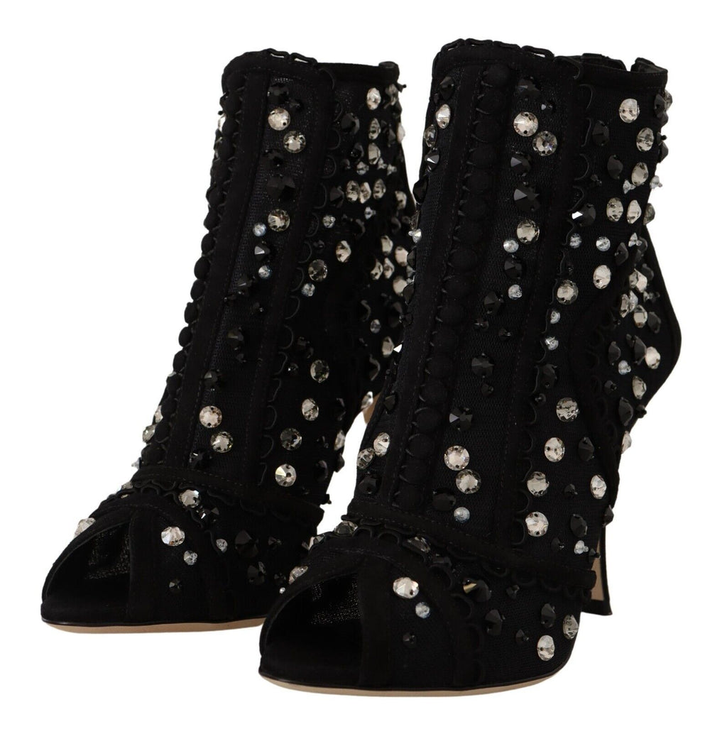 Dolce &amp; Gabbana Black Crystals Heels Zipper Short Boots Shoes