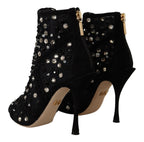 Dolce &amp; Gabbana Black Crystals Heels Zipper Short Boots Shoes