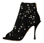 Dolce &amp; Gabbana Black Crystals Heels Zipper Short Boots Shoes