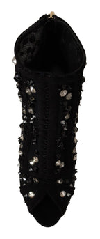 Dolce &amp; Gabbana Black Crystals Heels Zipper Short Boots Shoes