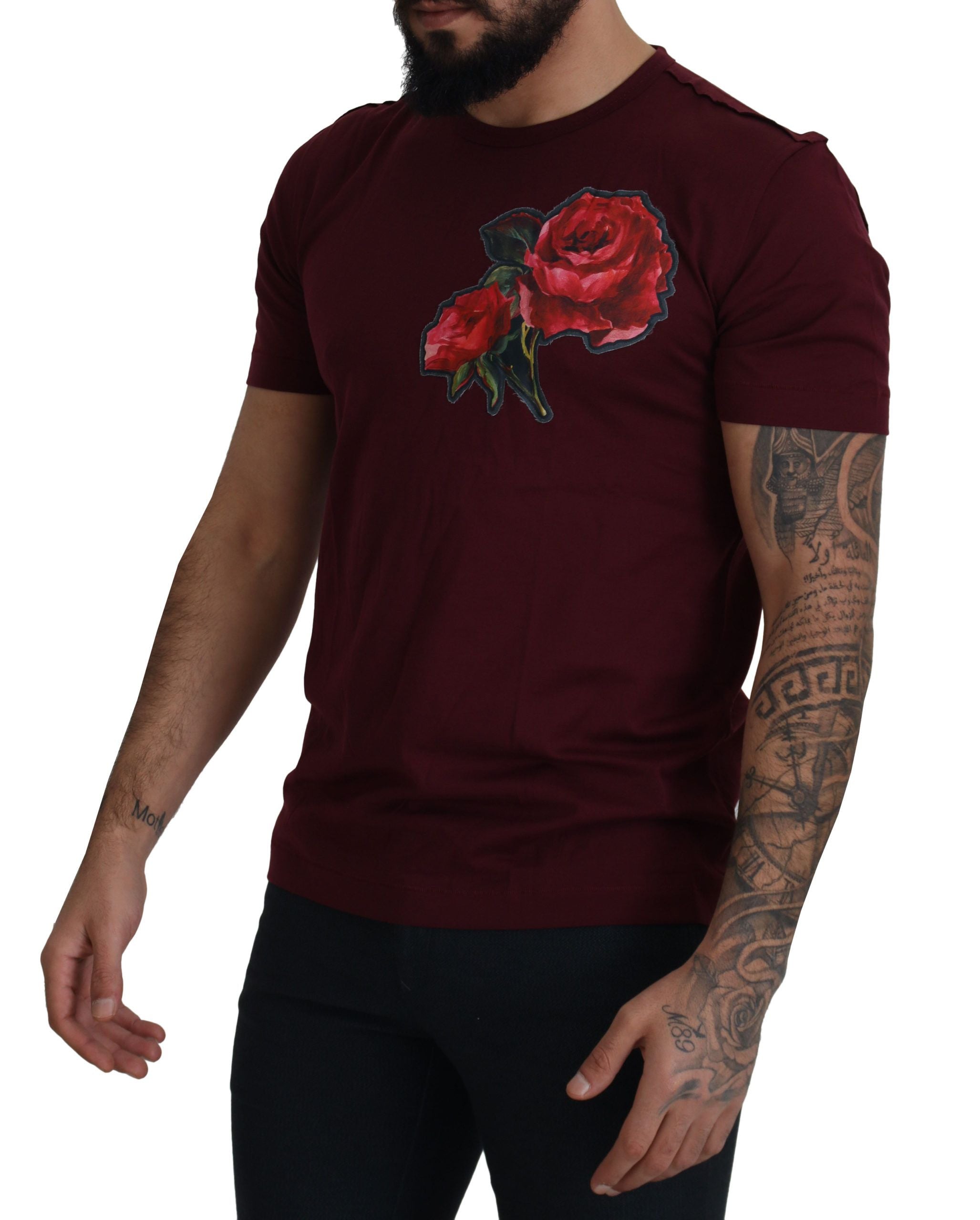 Dolce &amp; Gabbana Bordeaux Roses Cotton Crewneck T-shirt
