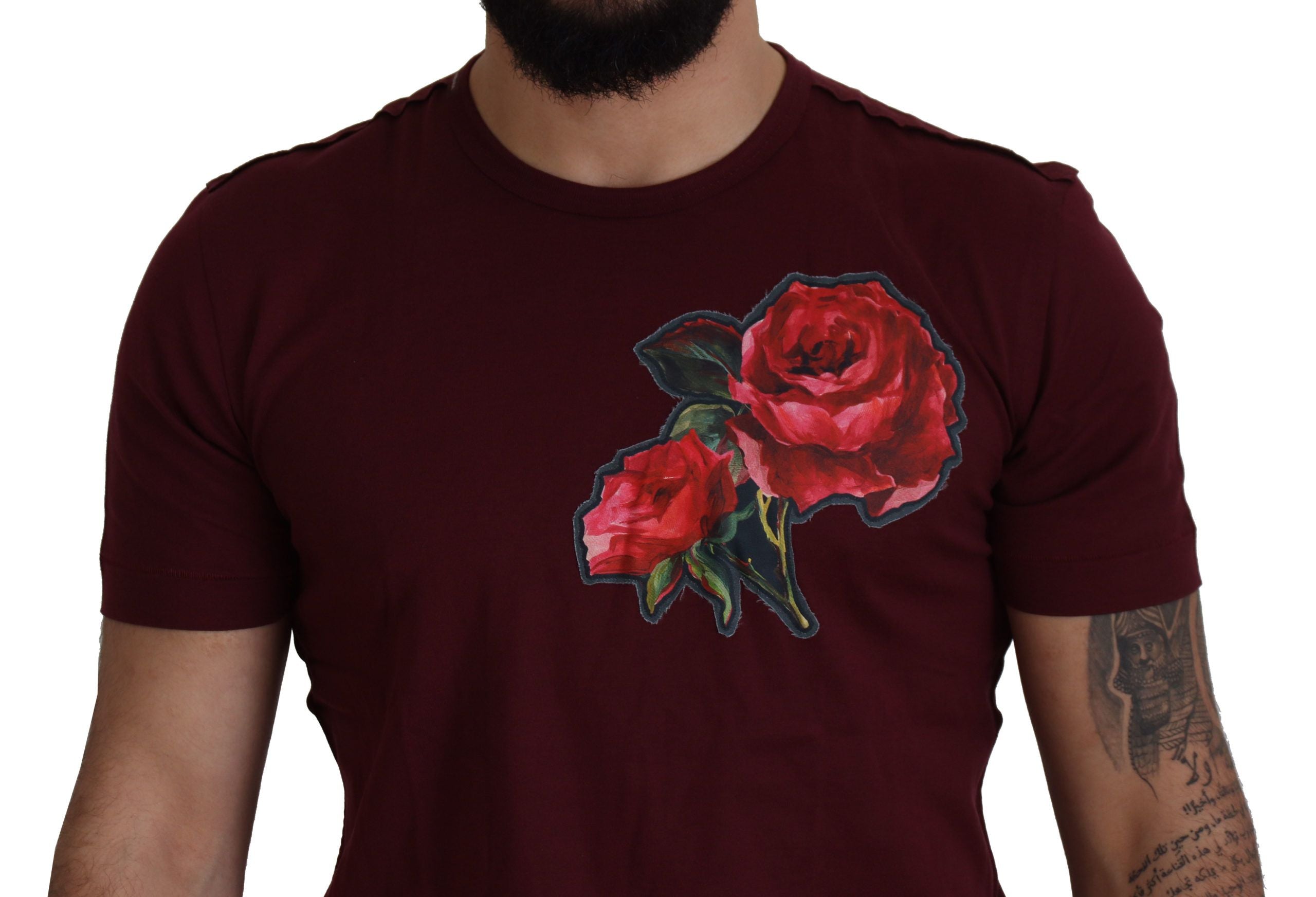 Dolce &amp; Gabbana Bordeaux Roses Cotton Crewneck T-shirt