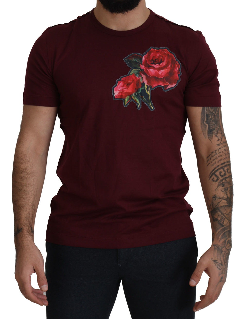 Dolce &amp; Gabbana Bordeaux Roses Cotton Crewneck T-shirt