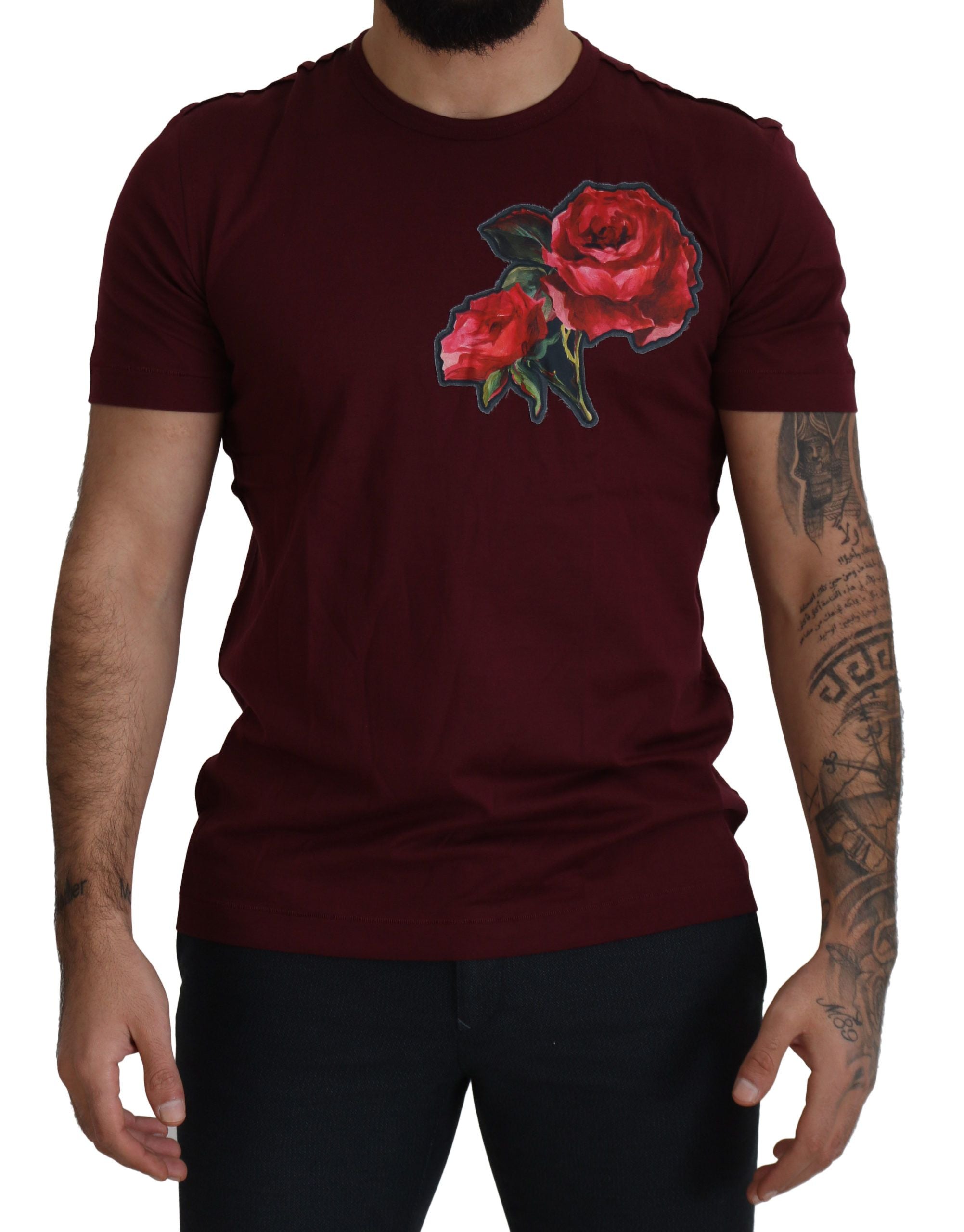 Dolce &amp; Gabbana Bordeaux Roses Cotton Crewneck T-shirt