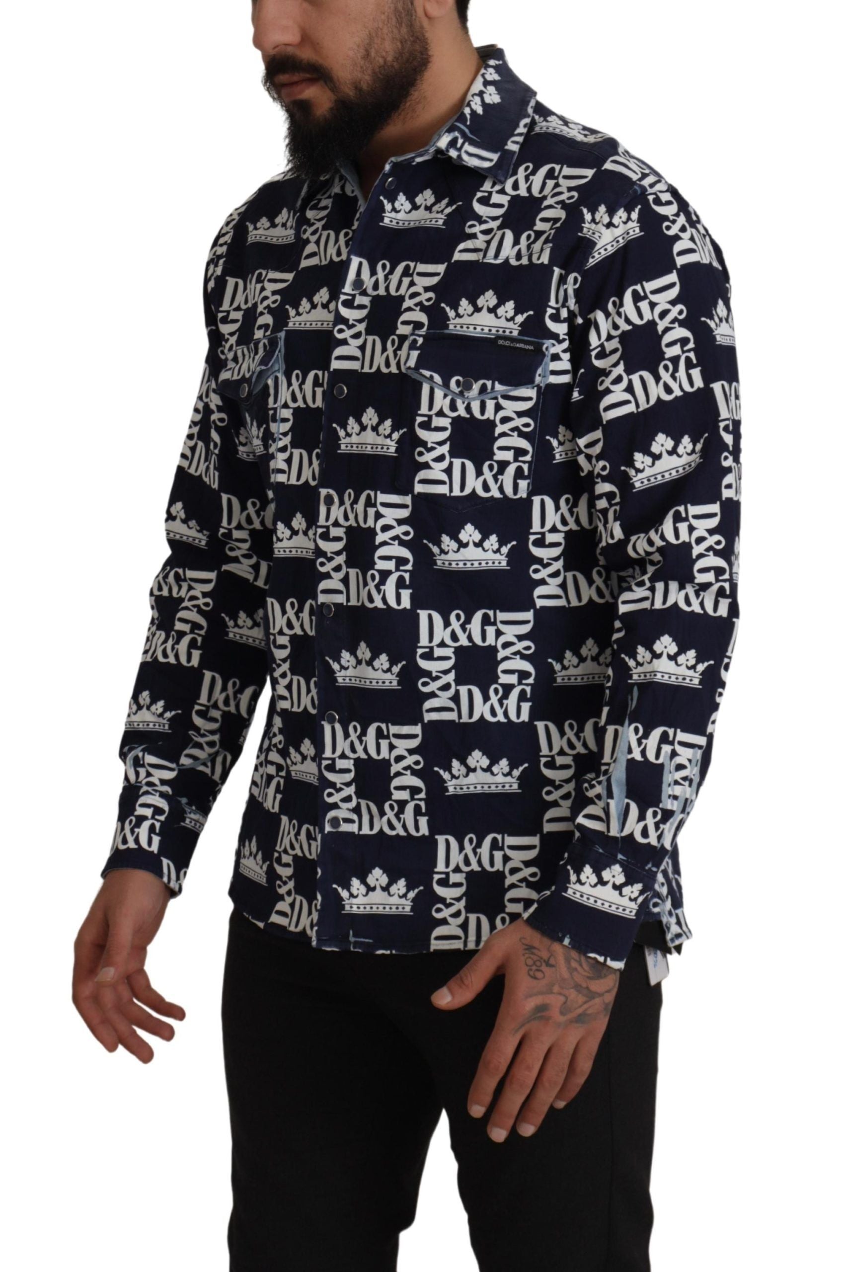 Dolce &amp; Gabbana Blue Denim Stretch DG Crown Logo Casual Shirt