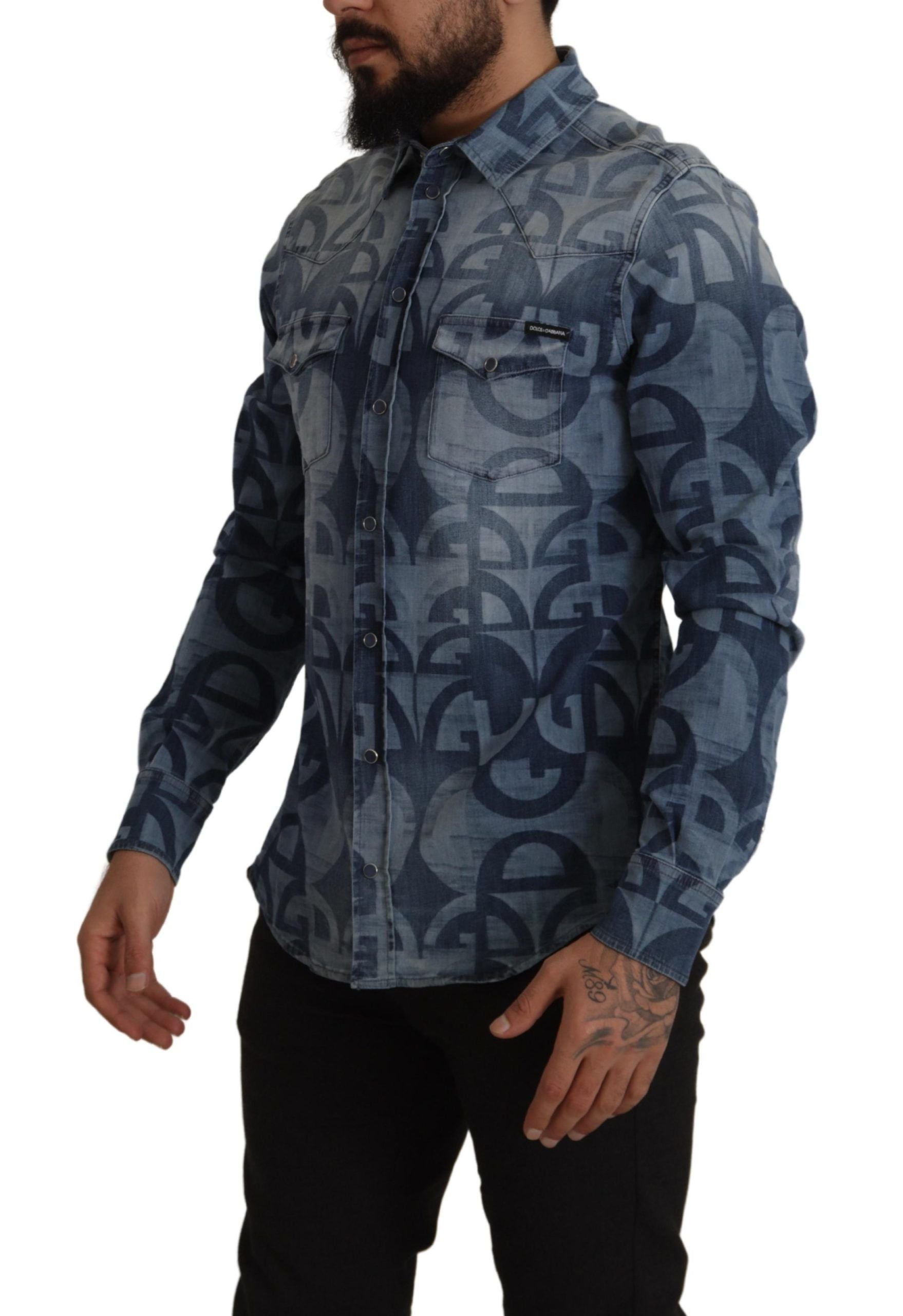 Dolce &amp; Gabbana Blue Denim Stretch DG Logo Casual Mens Slim Shirt