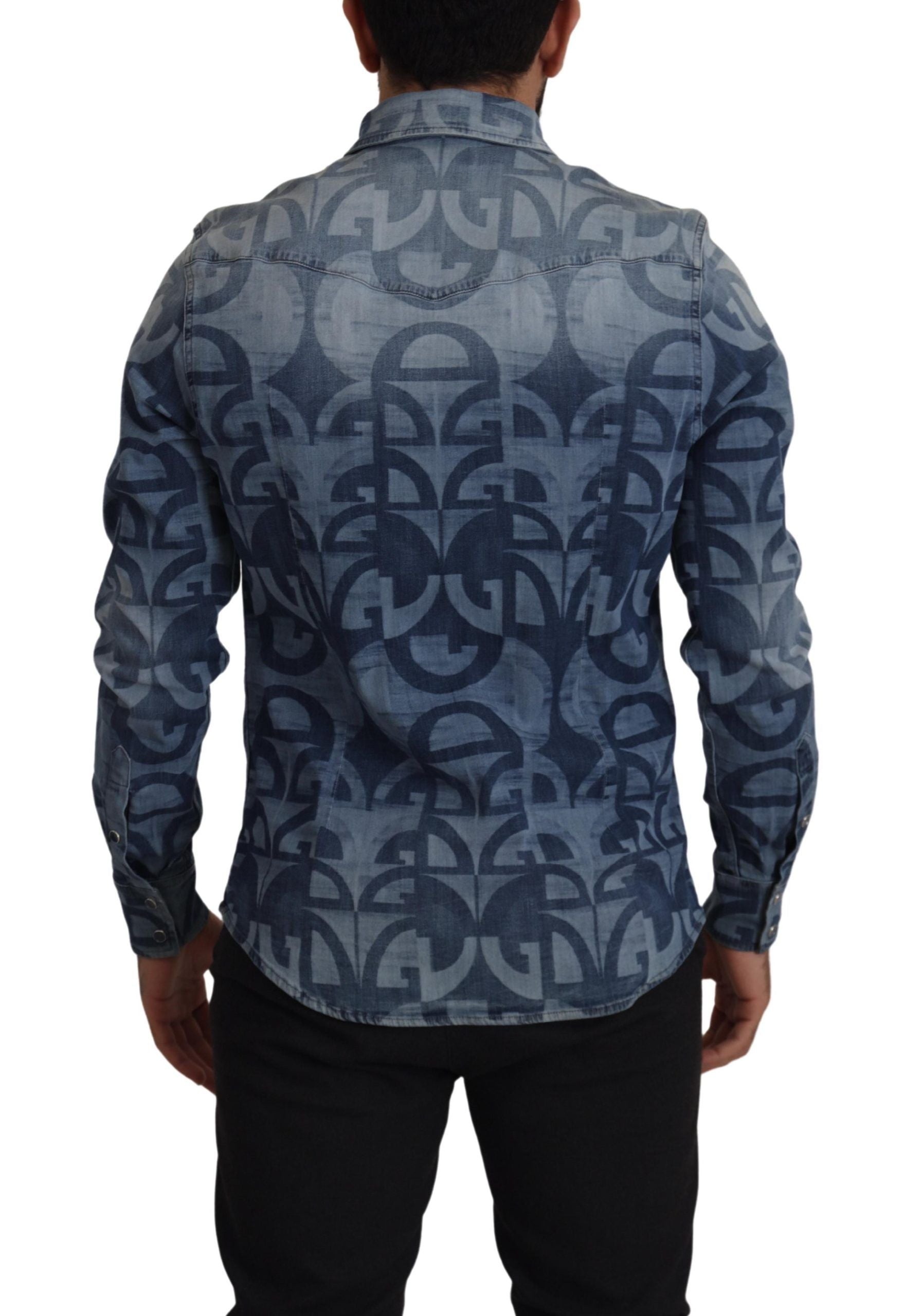 Dolce &amp; Gabbana Blue Denim Stretch DG Logo Casual Mens Slim Shirt