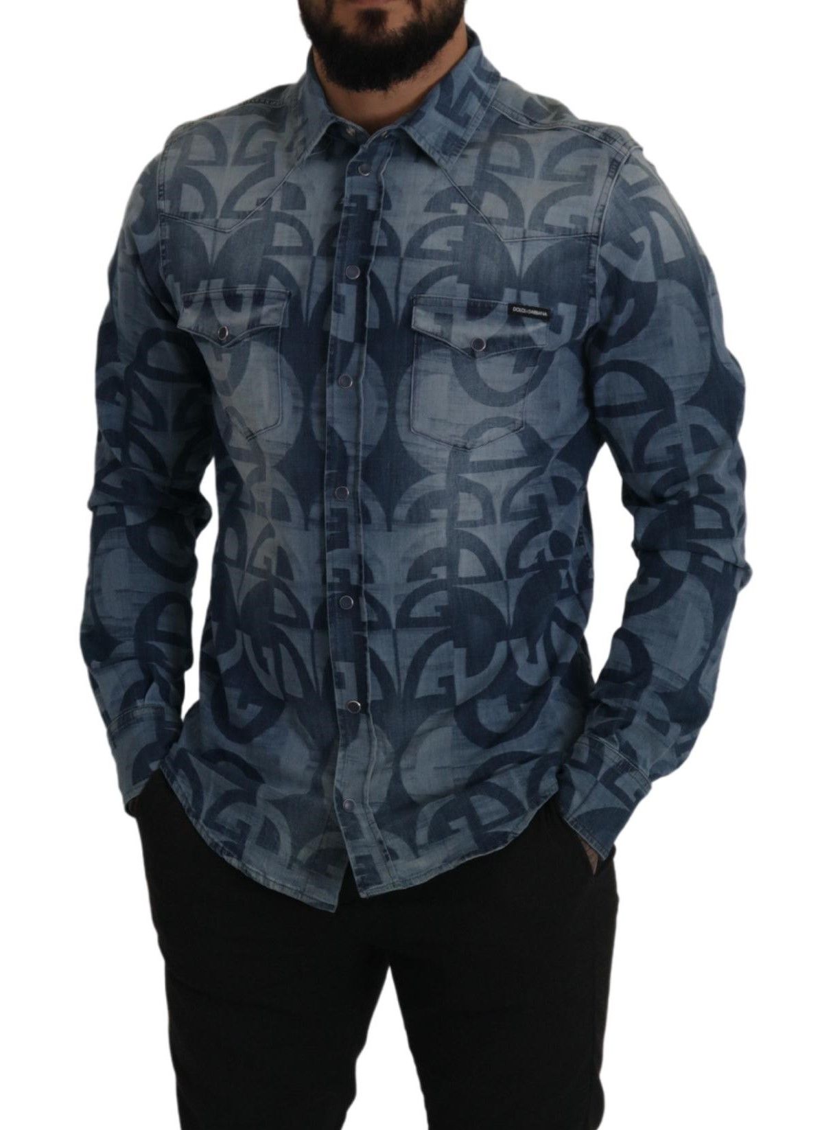 Dolce &amp; Gabbana Blue Denim Stretch DG Logo Casual Mens Slim Shirt