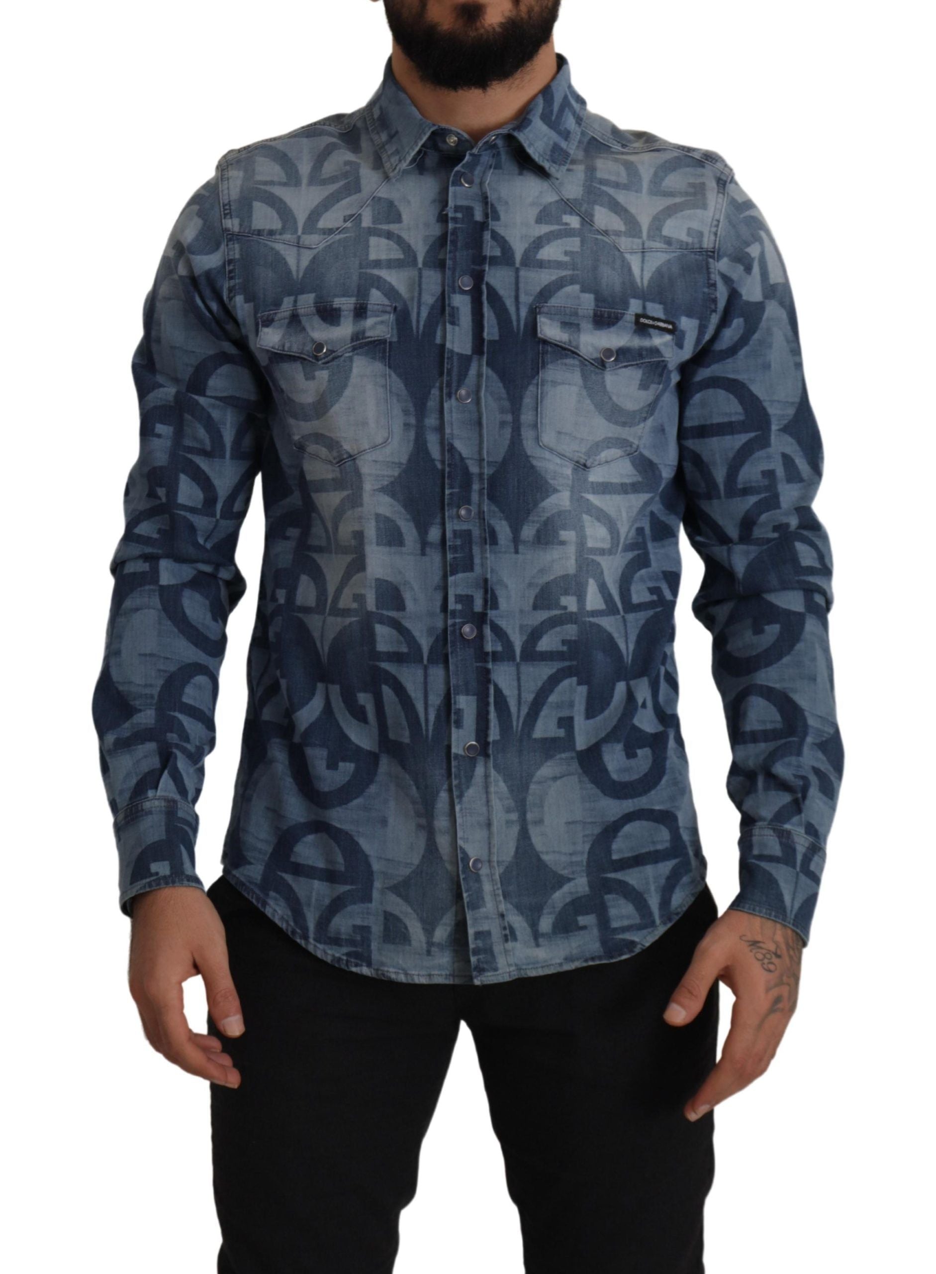 Dolce &amp; Gabbana Blue Denim Stretch DG Logo Casual Mens Slim Shirt