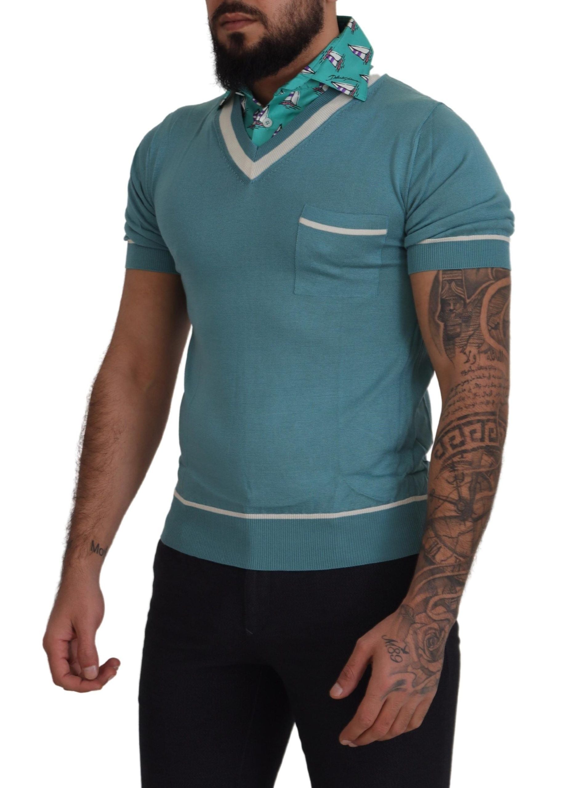 Dolce &amp; Gabbana Blue Silk Polo Top Mens V-neck T-shirt