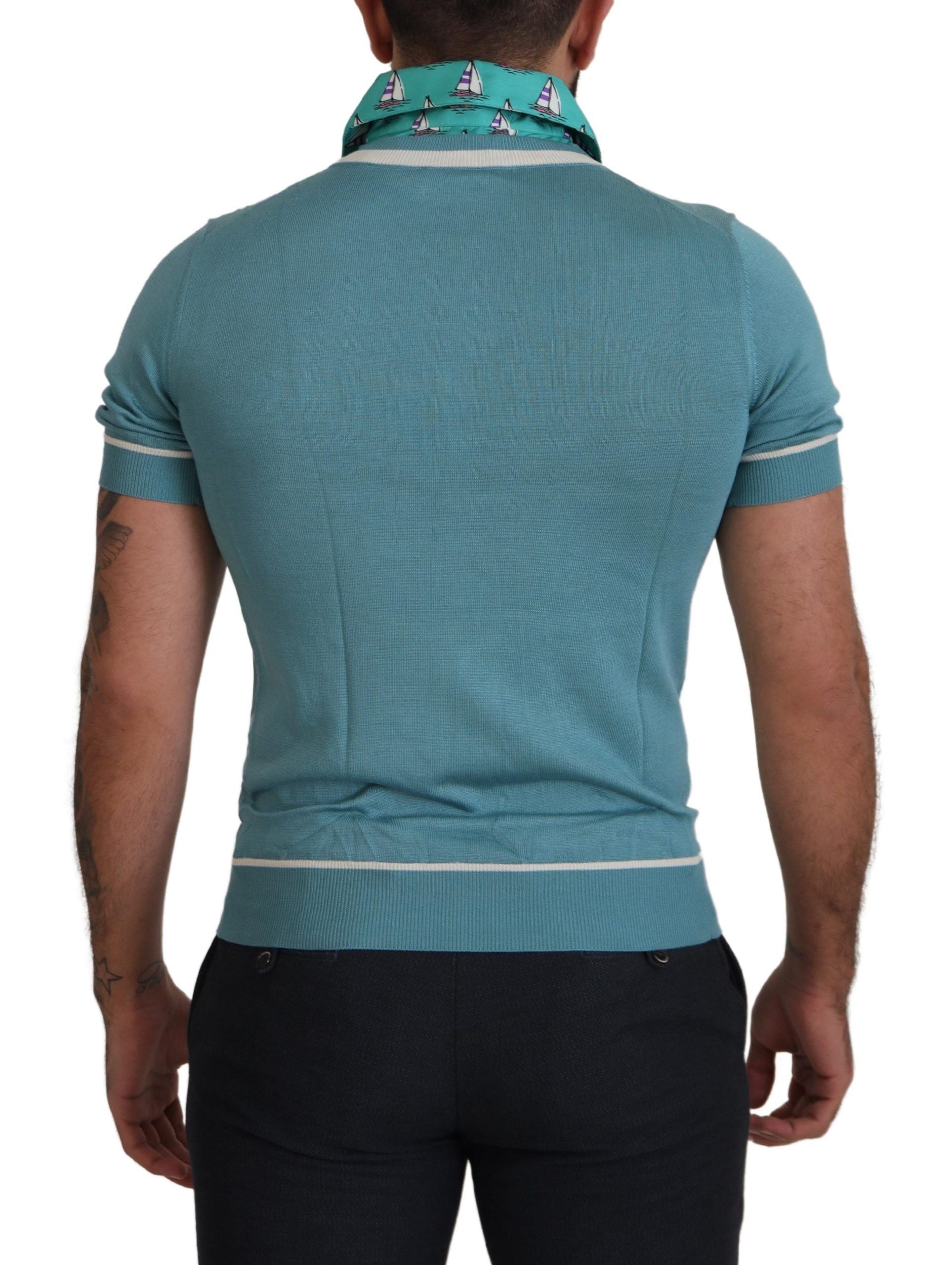 Dolce &amp; Gabbana Blue Silk Polo Top Mens V-neck T-shirt