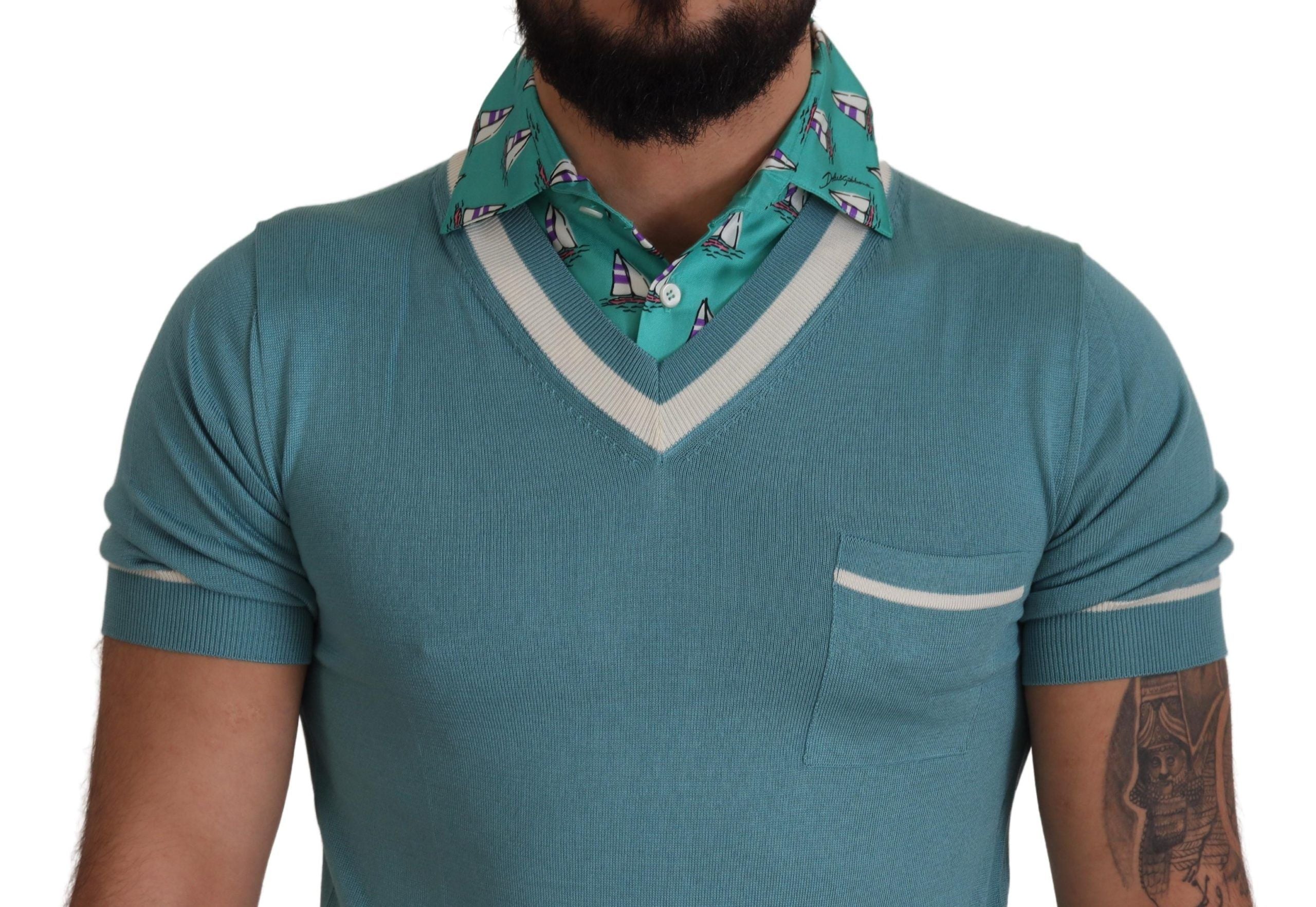 Dolce &amp; Gabbana Blue Silk Polo Top Mens V-neck T-shirt