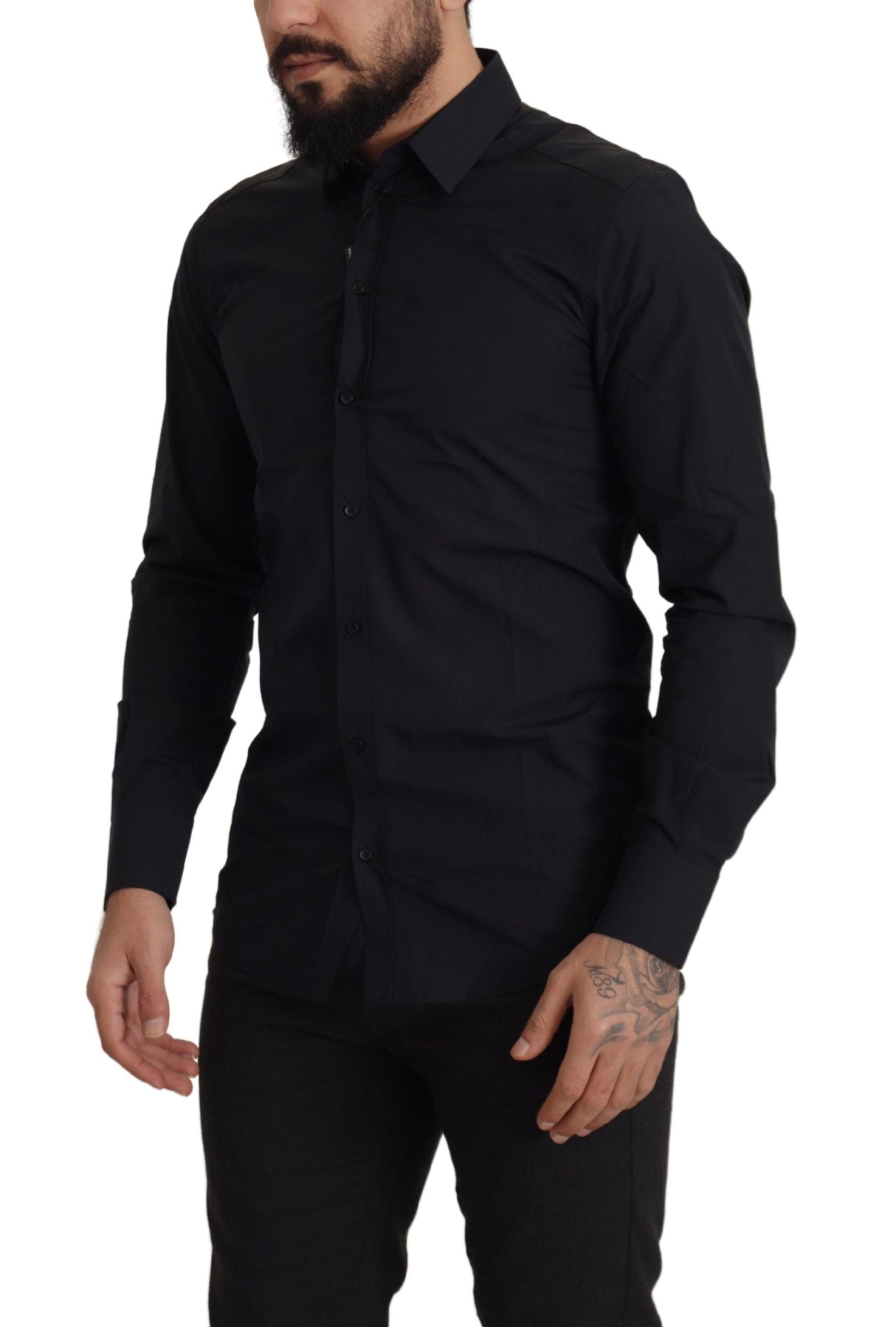 Dolce &amp; Gabbana Black Cotton GOLD Slim Fit Dress Shirt