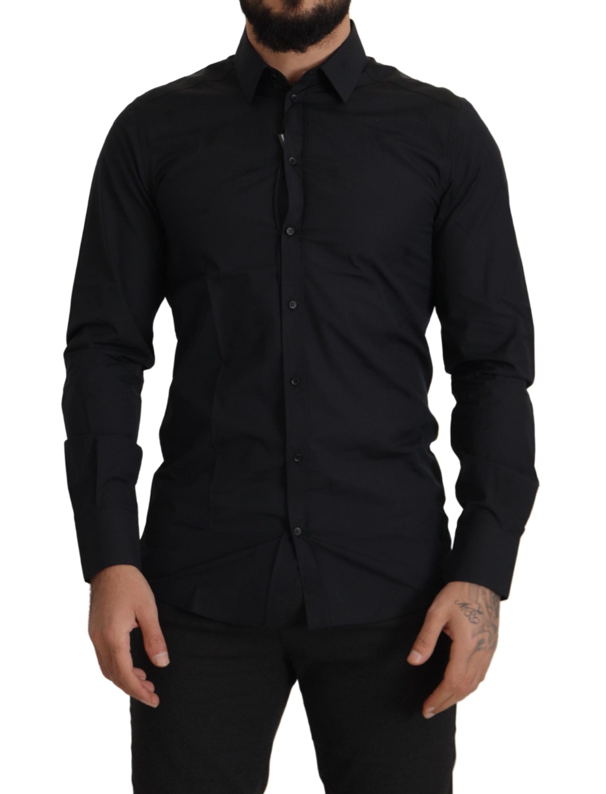 Dolce &amp; Gabbana Black Cotton GOLD Slim Fit Dress Shirt