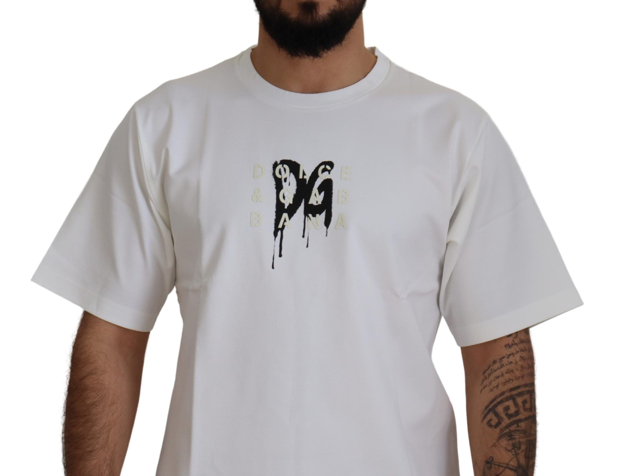 Dolce &amp; Gabbana White Logo Print Cotton Crewneck T-shirt