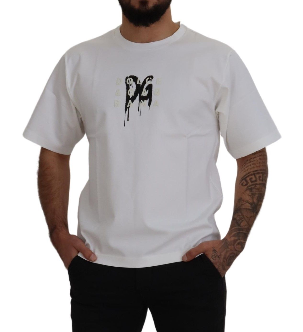 Dolce &amp; Gabbana White Logo Print Cotton Crewneck T-shirt
