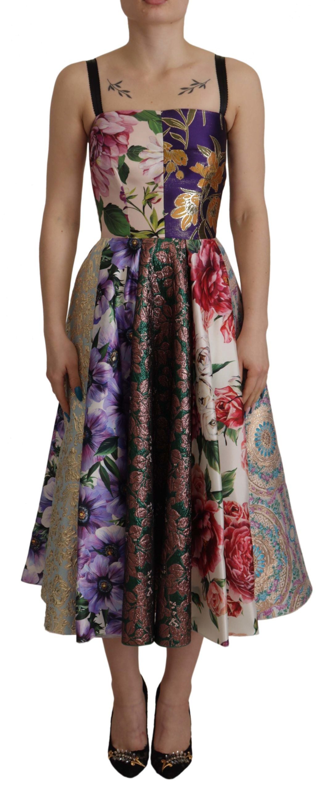 Dolce &amp; Gabbana Dress Midi Patchwork Floral Jquard Silk