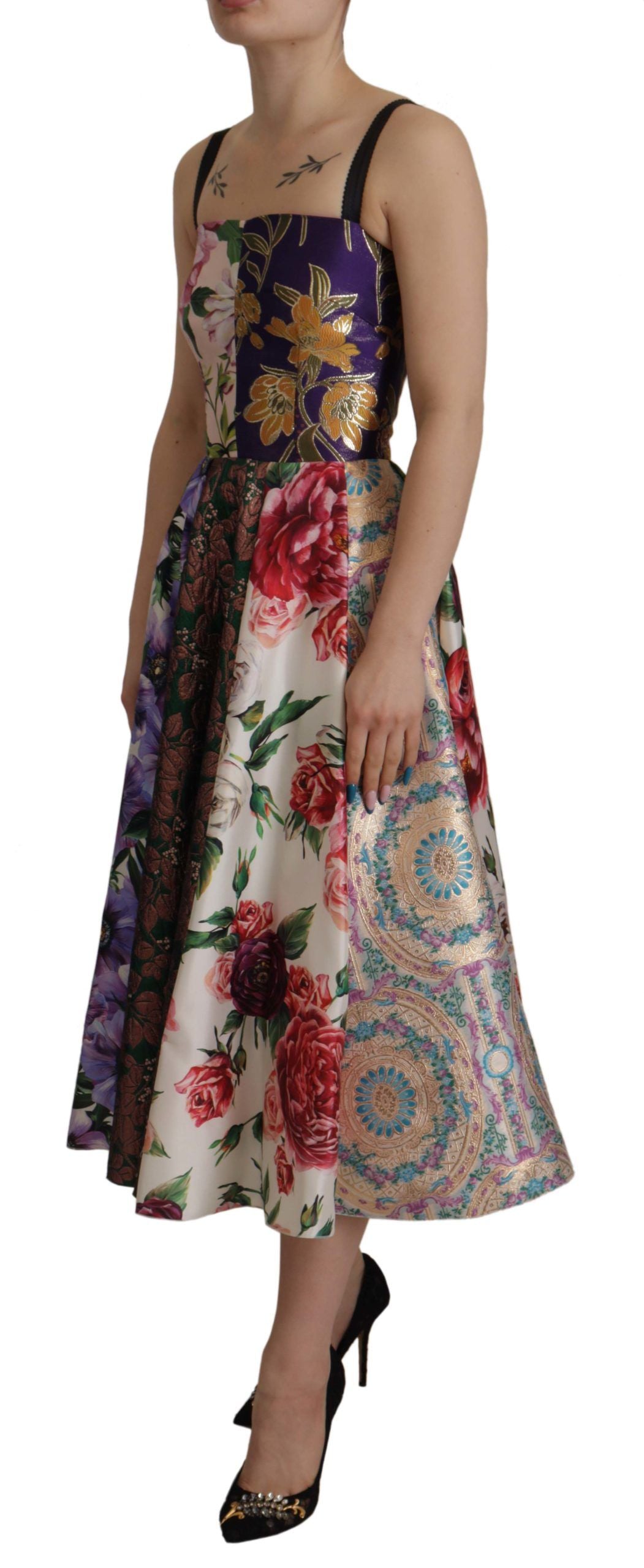 Dolce &amp; Gabbana Dress Midi Patchwork Floral Jquard Silk