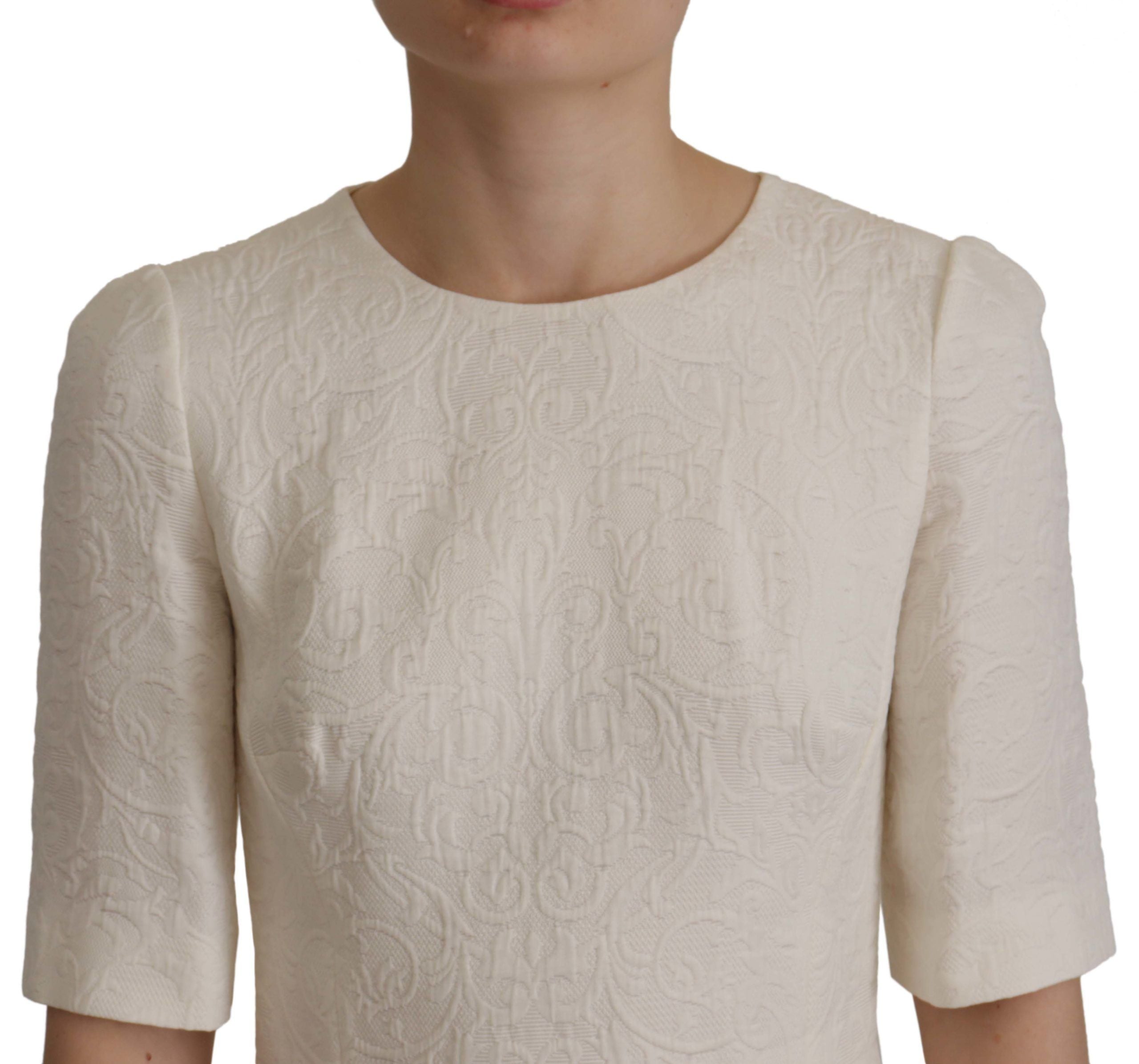 Dolce &amp; Gabbana White Jacquard Midi Floral Sheath Brocade Dress