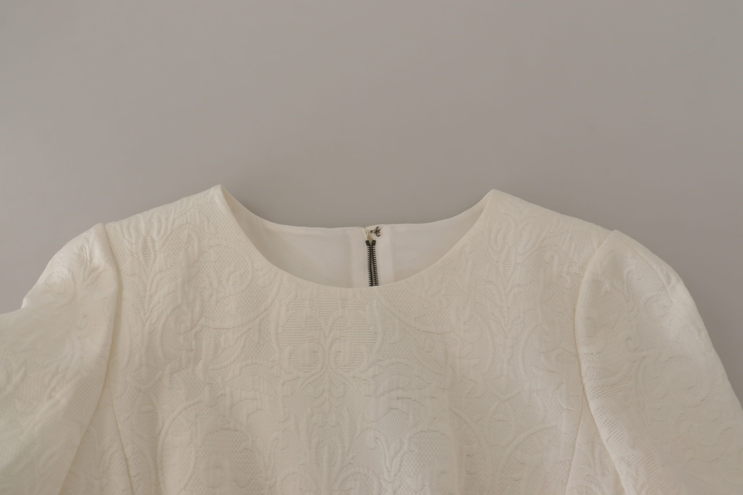 Dolce &amp; Gabbana White Jacquard Midi Floral Sheath Brocade Dress