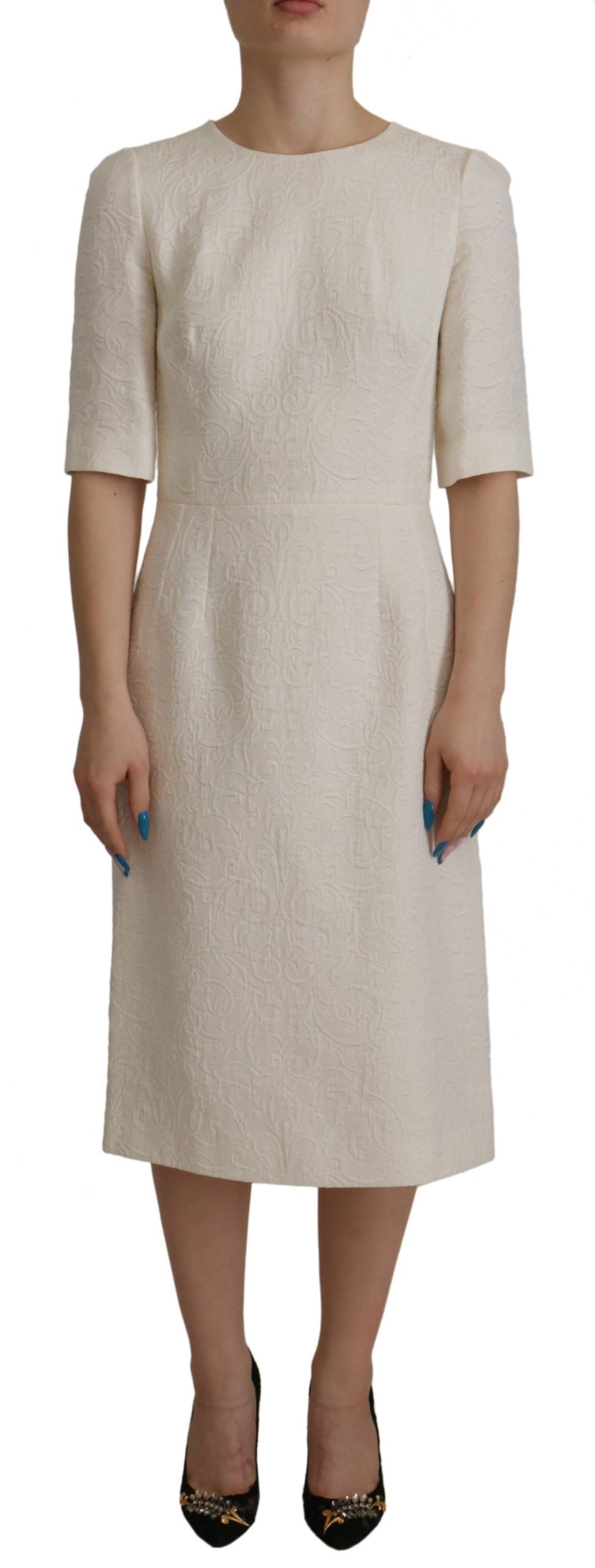 Dolce &amp; Gabbana White Jacquard Midi Floral Sheath Brocade Dress