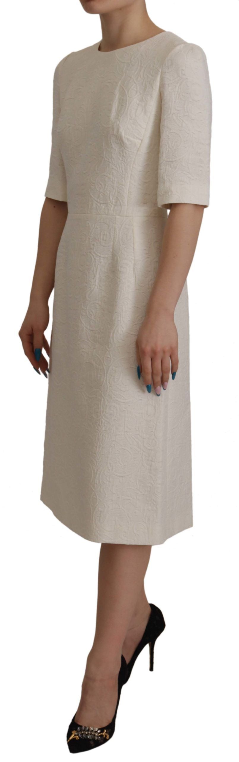 Dolce &amp; Gabbana White Jacquard Midi Floral Sheath Brocade Dress