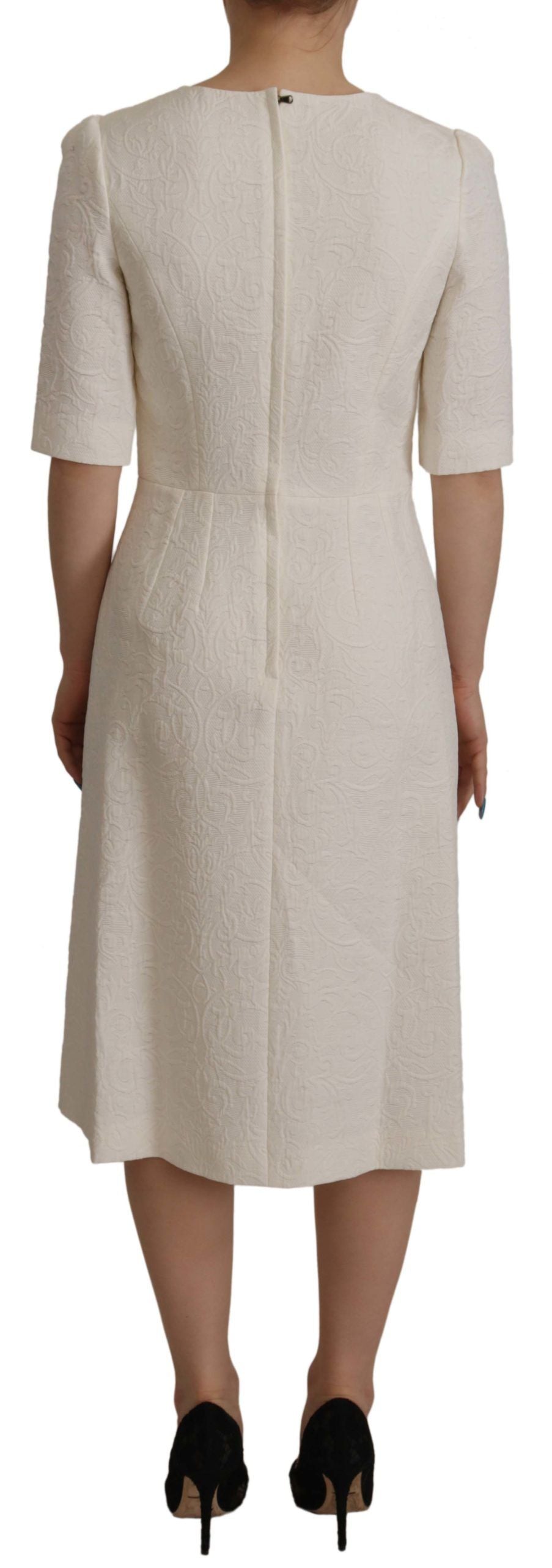 Dolce &amp; Gabbana White Jacquard Midi Floral Sheath Brocade Dress