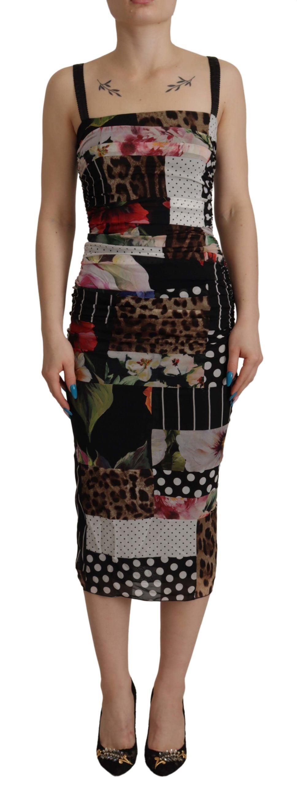 Dolce &amp; Gabbana Multicolor Pachwork Midi Floral Silk Leopard Bodycon Dress