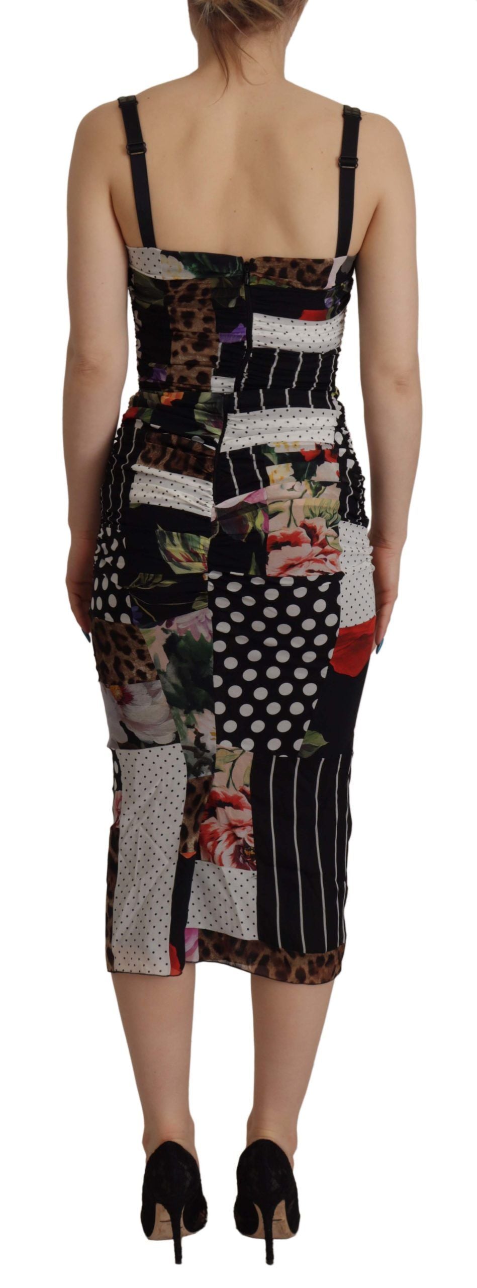 Dolce &amp; Gabbana Multicolor Pachwork Midi Floral Silk Leopard Bodycon Dress