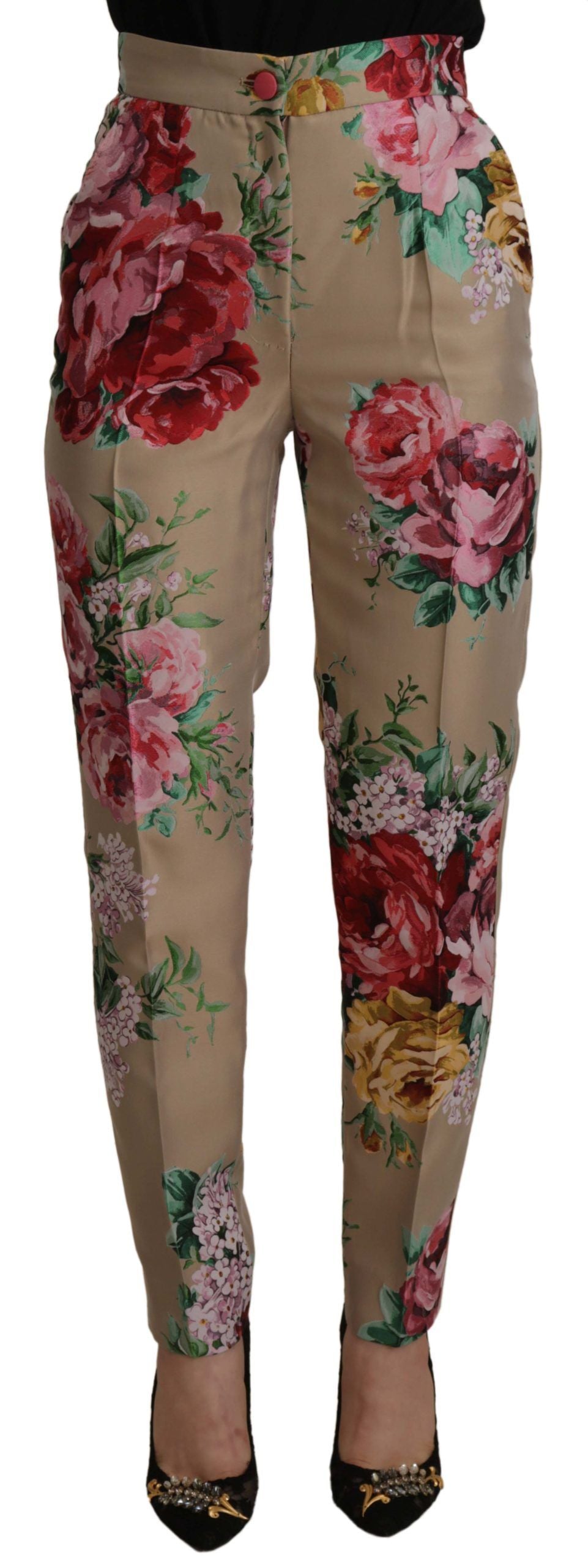 Dolce &amp; Gabbana Beige Floral Dress Formal High Waist Pants