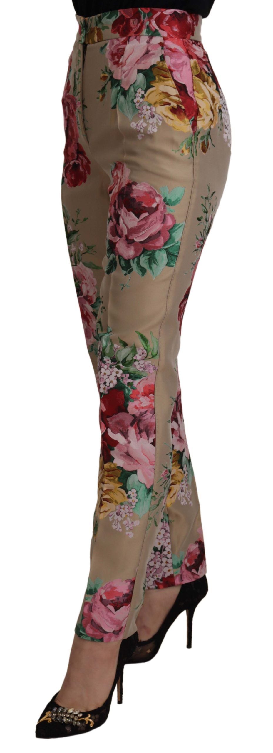 Dolce &amp; Gabbana Beige Floral Dress Formal High Waist Pants