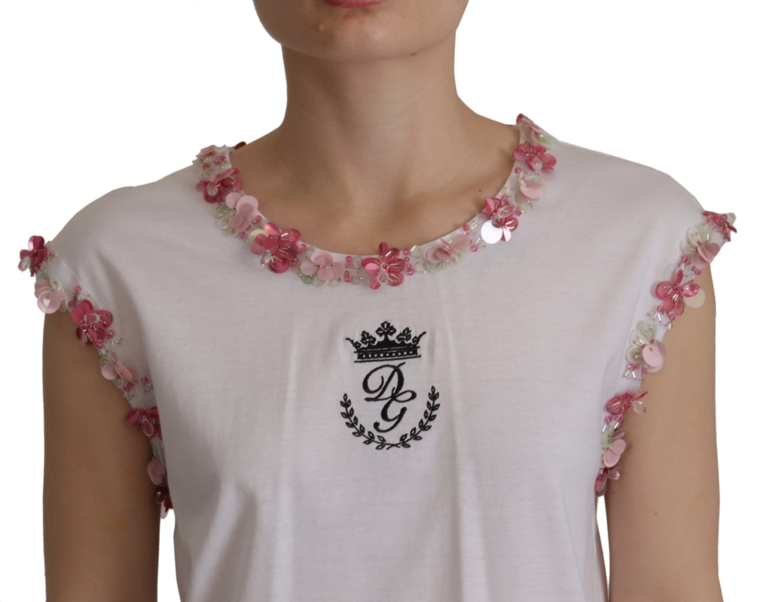 Dolce &amp; Gabbana White DG Crown Floral Sequin T-shirt