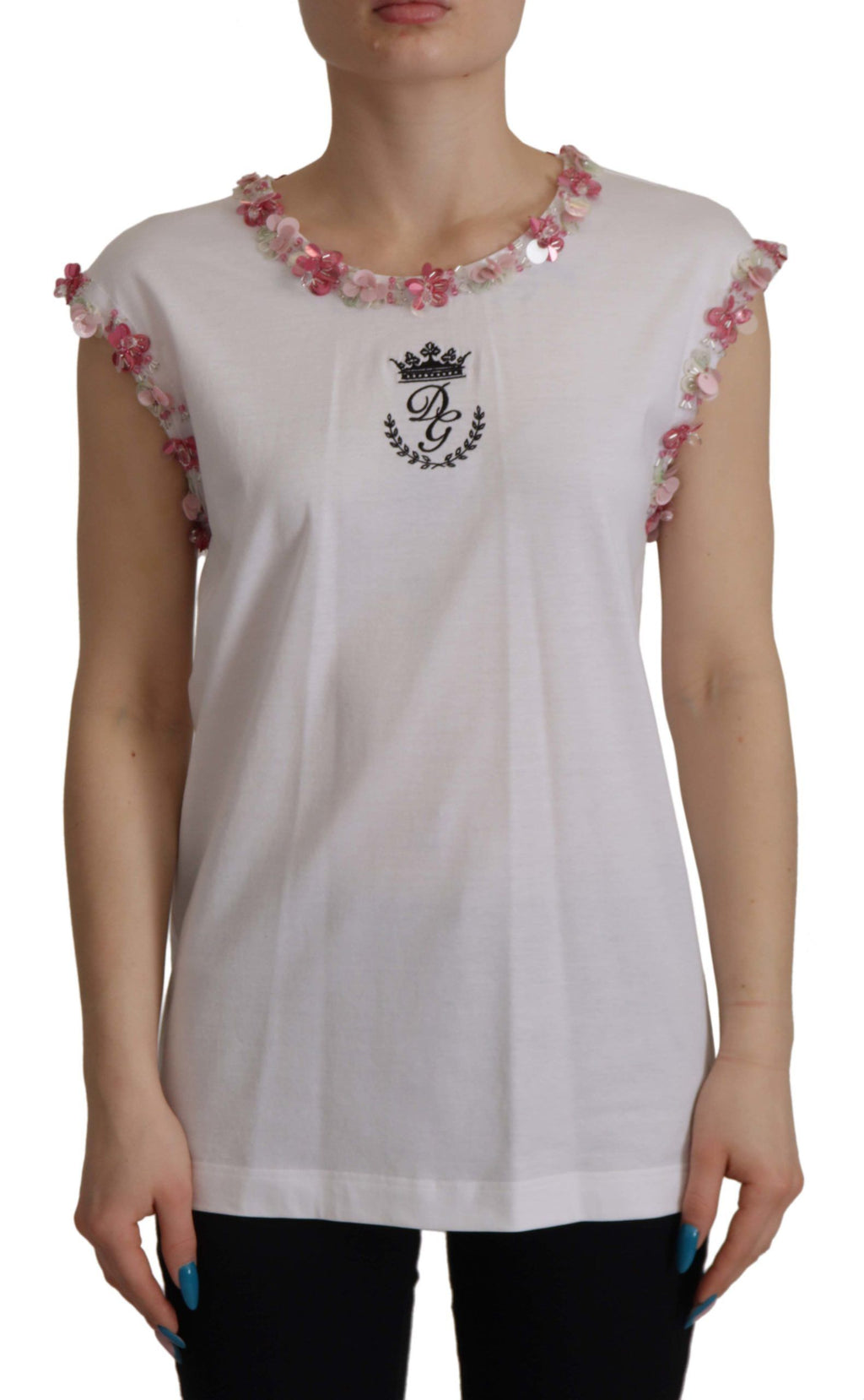 Dolce &amp; Gabbana White DG Crown Floral Sequin T-shirt