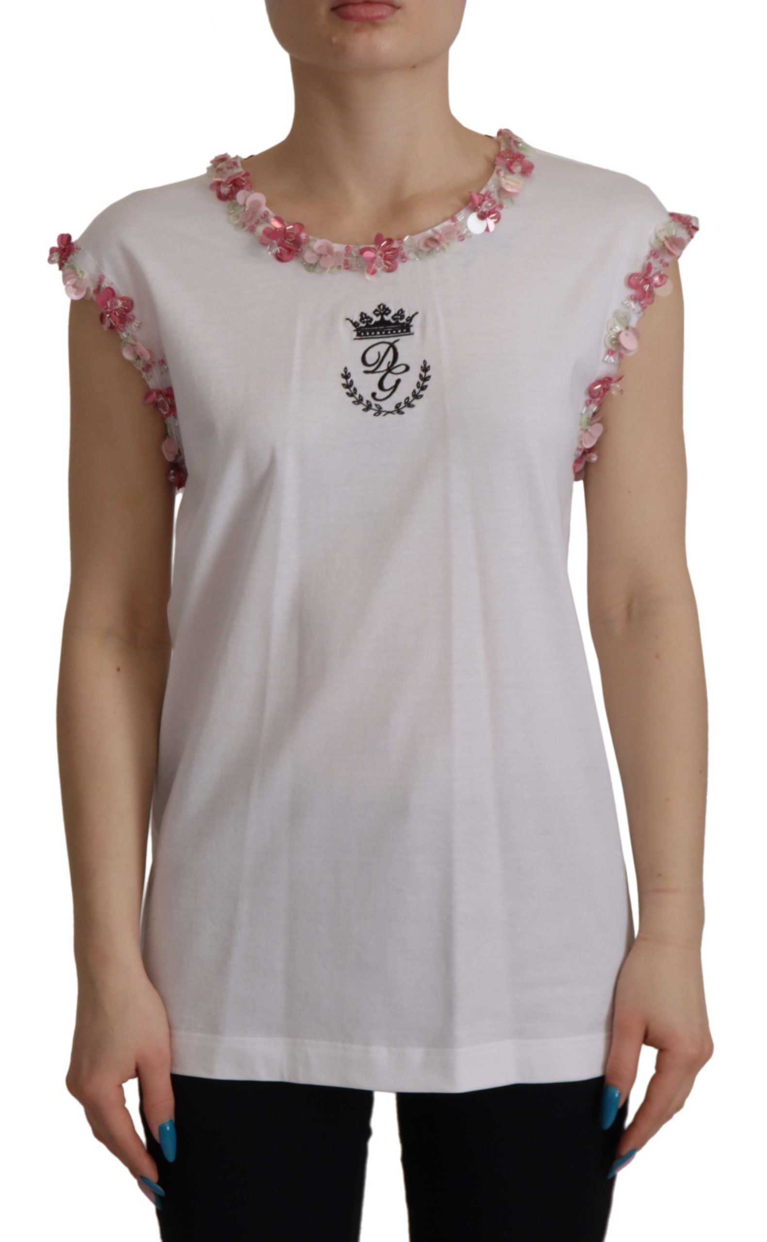 Dolce &amp; Gabbana White DG Crown Floral Sequin T-shirt