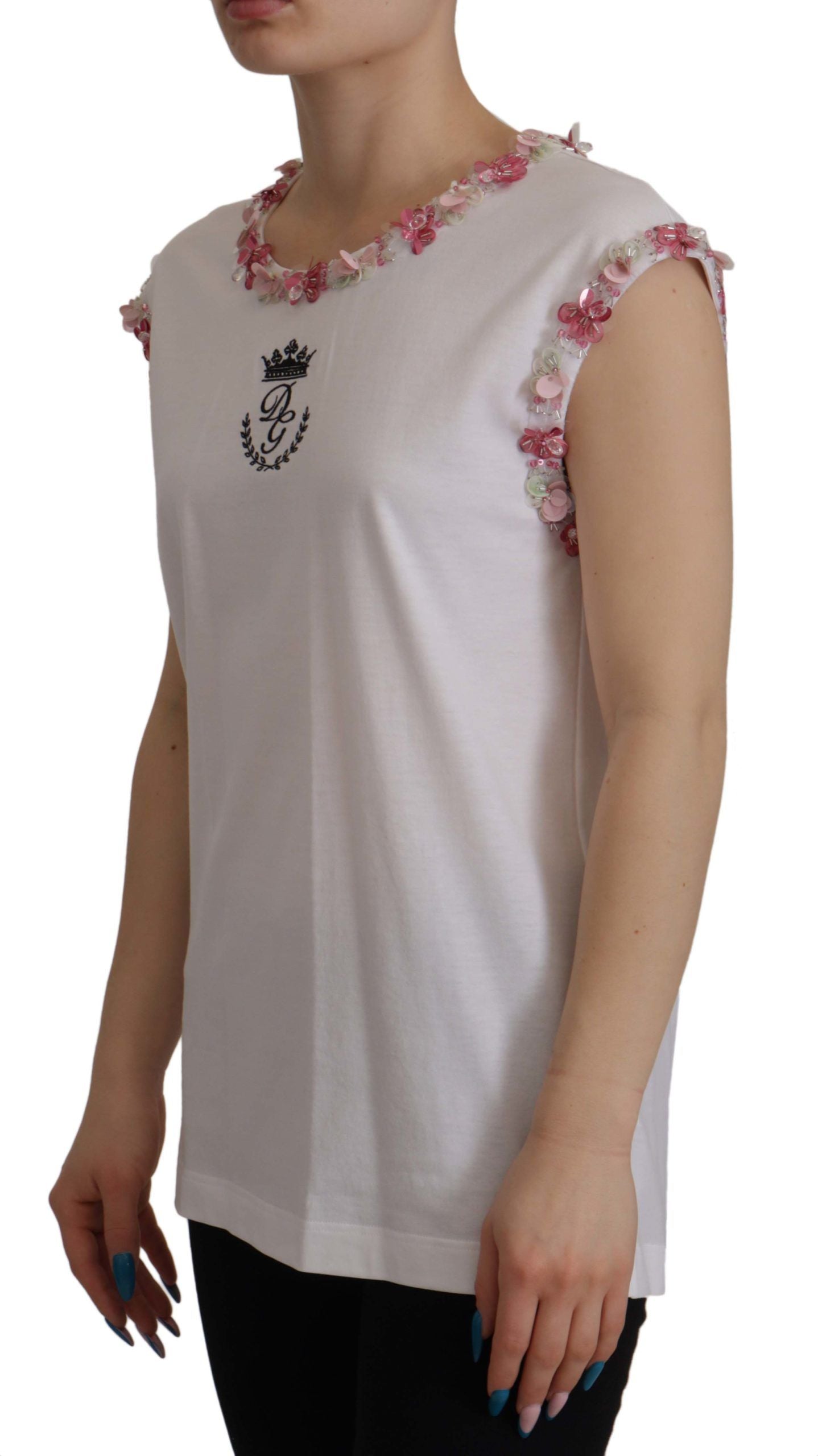 Dolce &amp; Gabbana White DG Crown Floral Sequin T-shirt