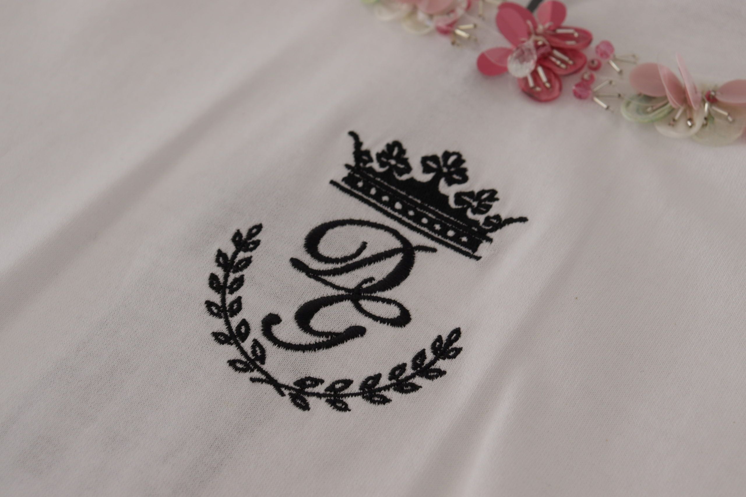 Dolce &amp; Gabbana White DG Crown Floral Sequin T-shirt