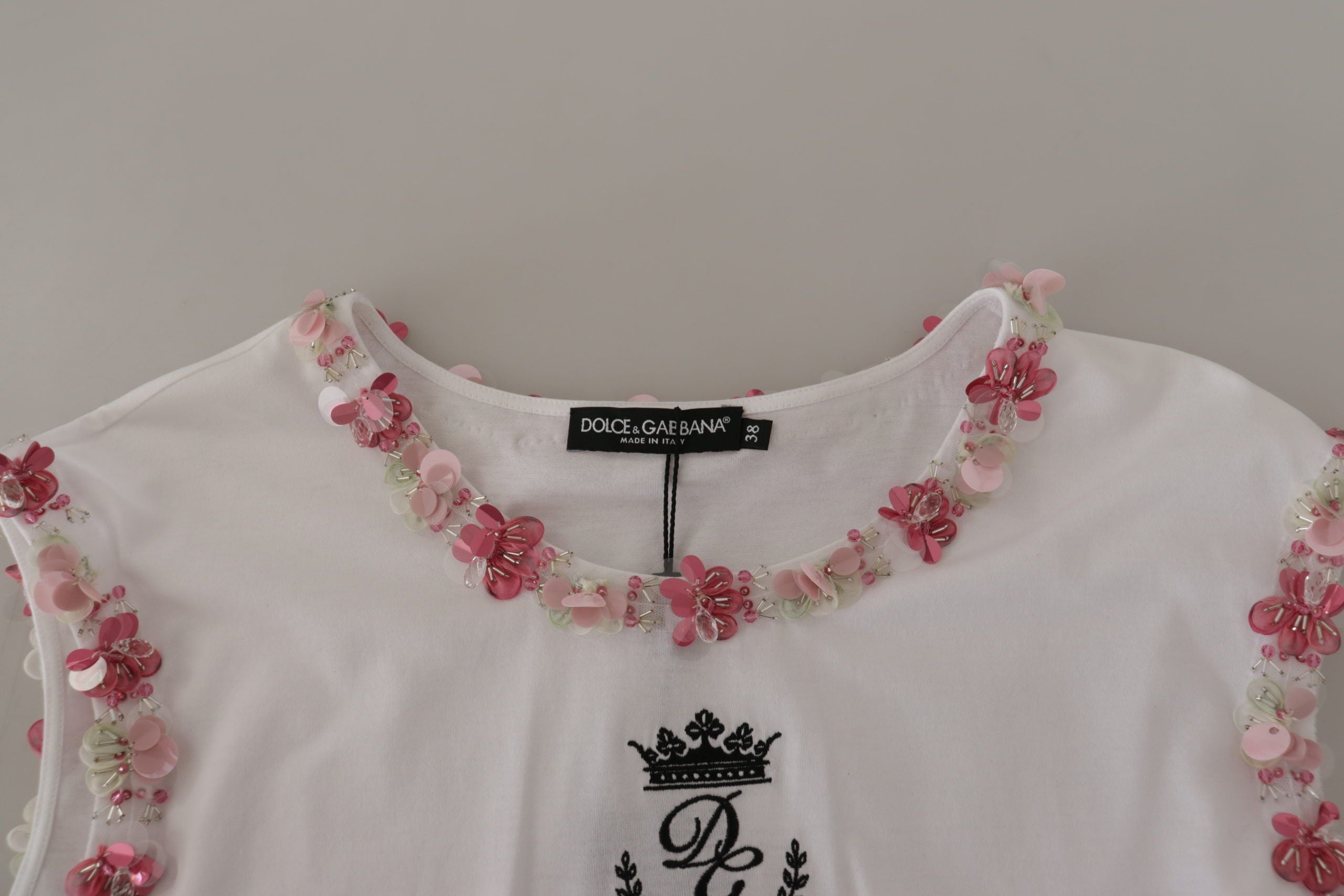 Dolce &amp; Gabbana White DG Crown Floral Sequin T-shirt