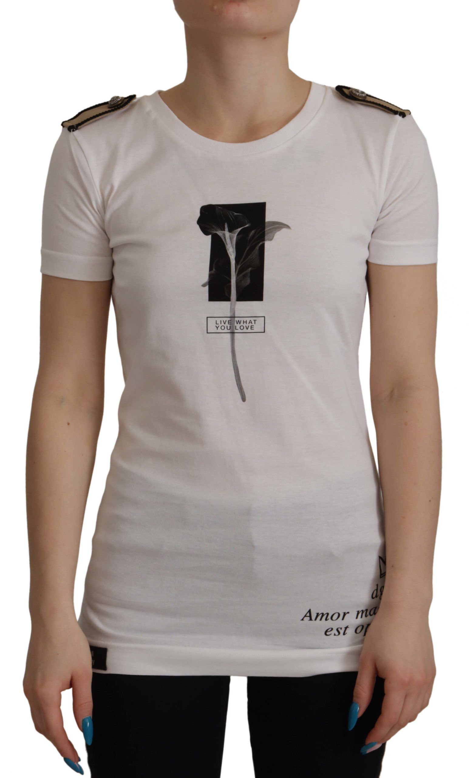 Dolce &amp; Gabbana White Black Roses Crewneck Cotton T-shirt