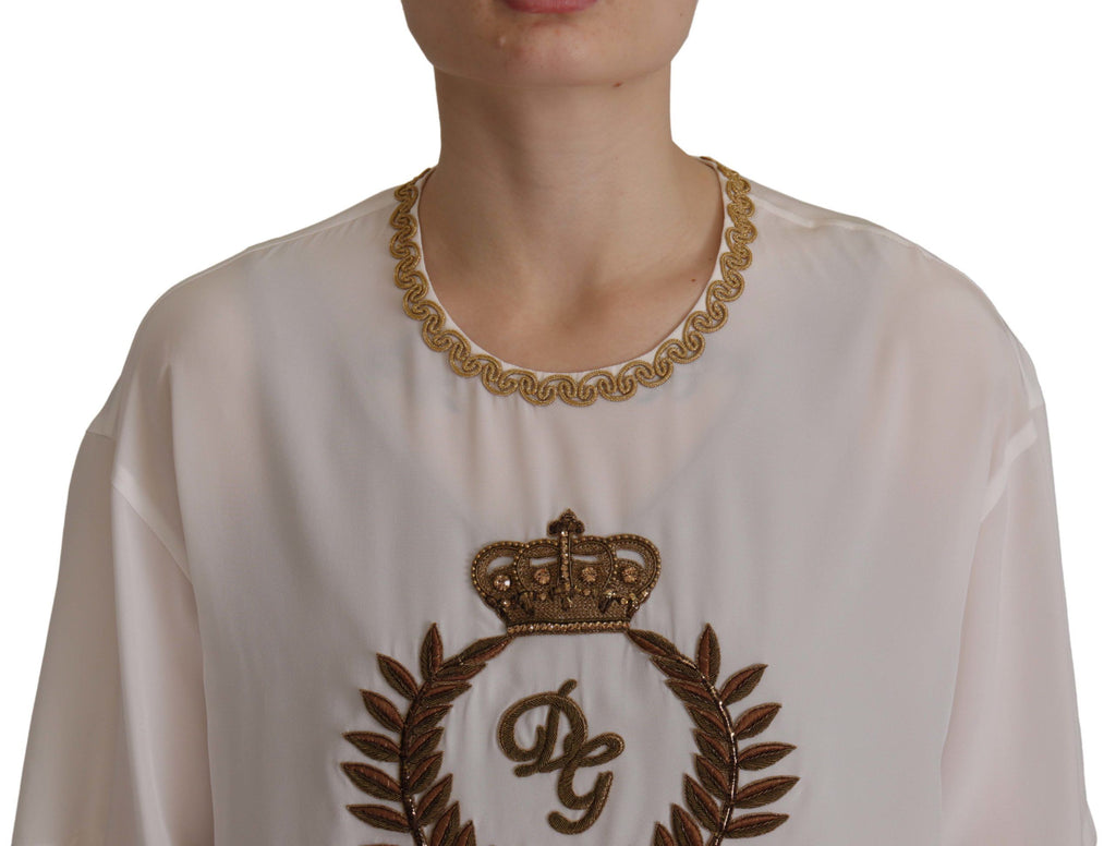 Dolce &amp; Gabbana White Silk Gold DG Crown Crystal Blouse Top